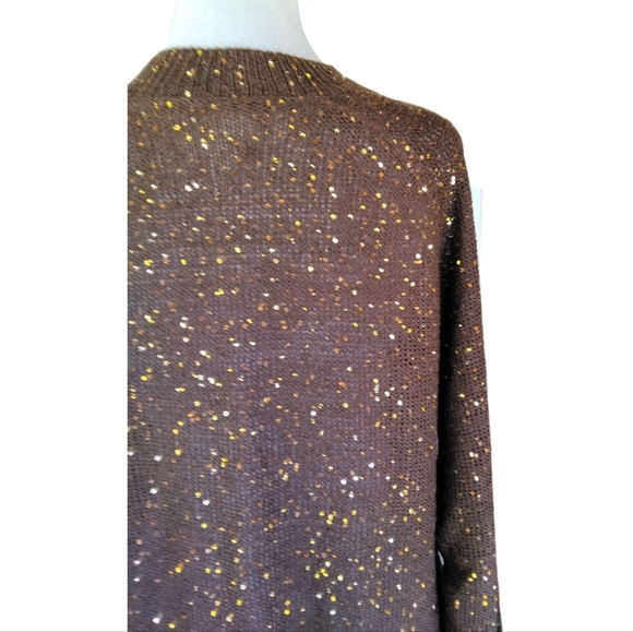 Soft Surroundings Chocolate Brown Gold Sequin Open Knit V Neck Size Medium - Picture 7 of 9